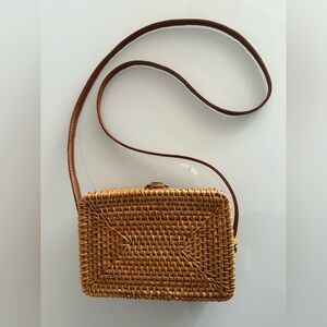 Anthropologie Square Straw Crossbody Shoulder Purse Fabric Lined & Leather Strap